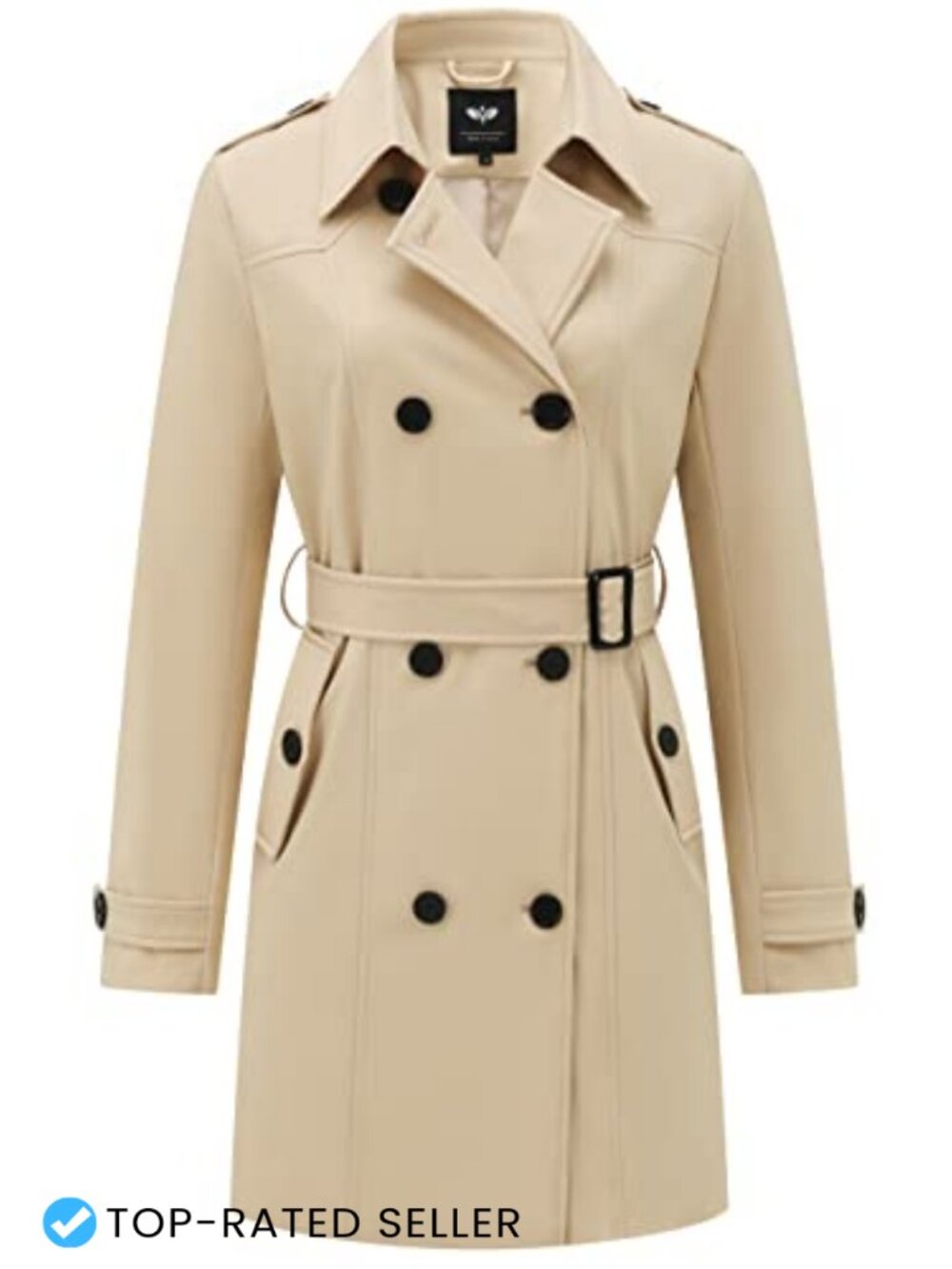 Women's Double-Breasted Trench Coat Belted Windproof Polyester Overcoat